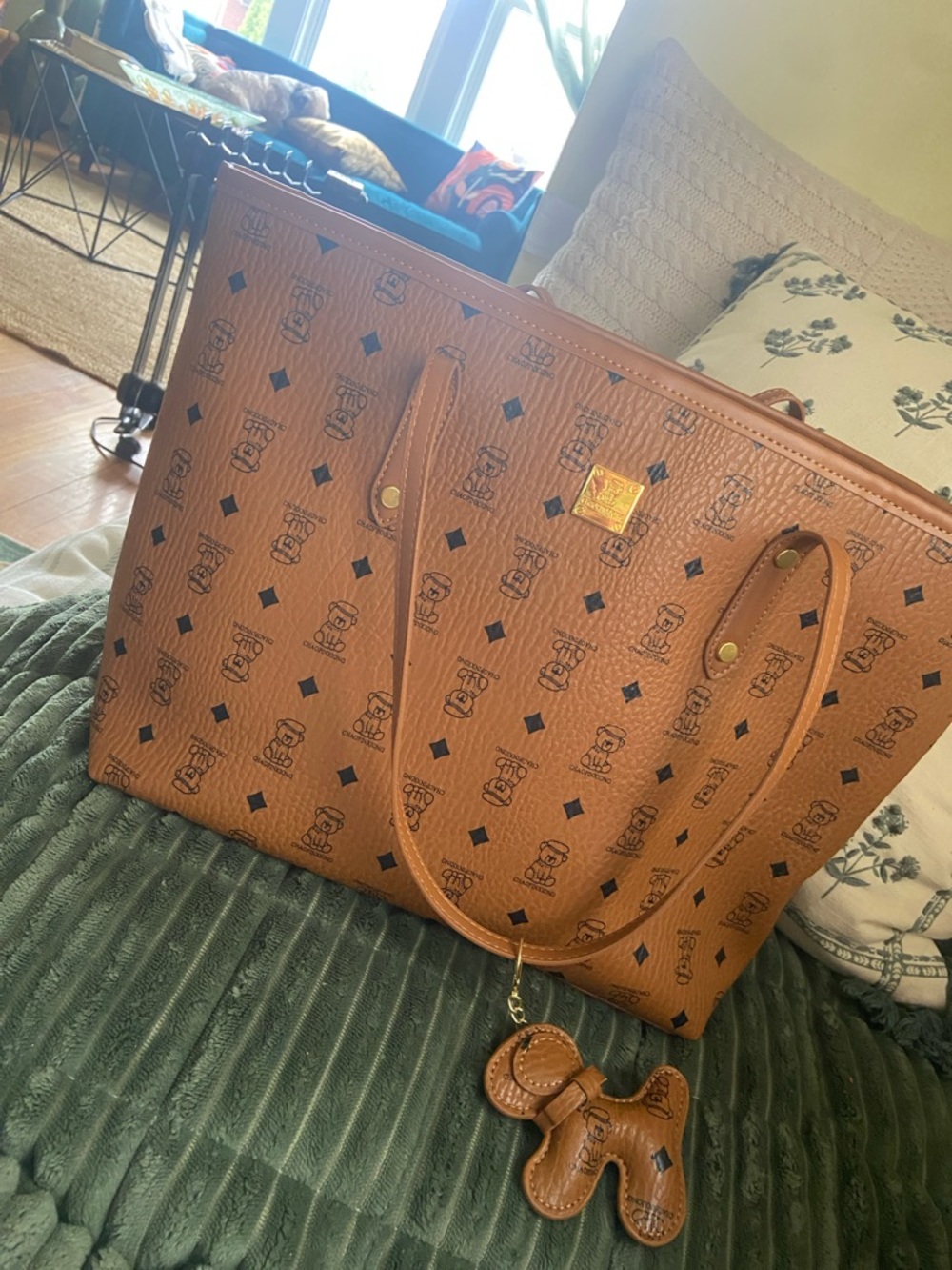 Cognac Patterned Tote Bag with Charm